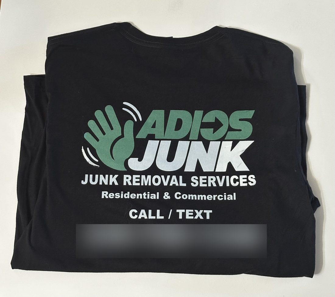 Adios Junk tee, full back screen print with logo and call or text line