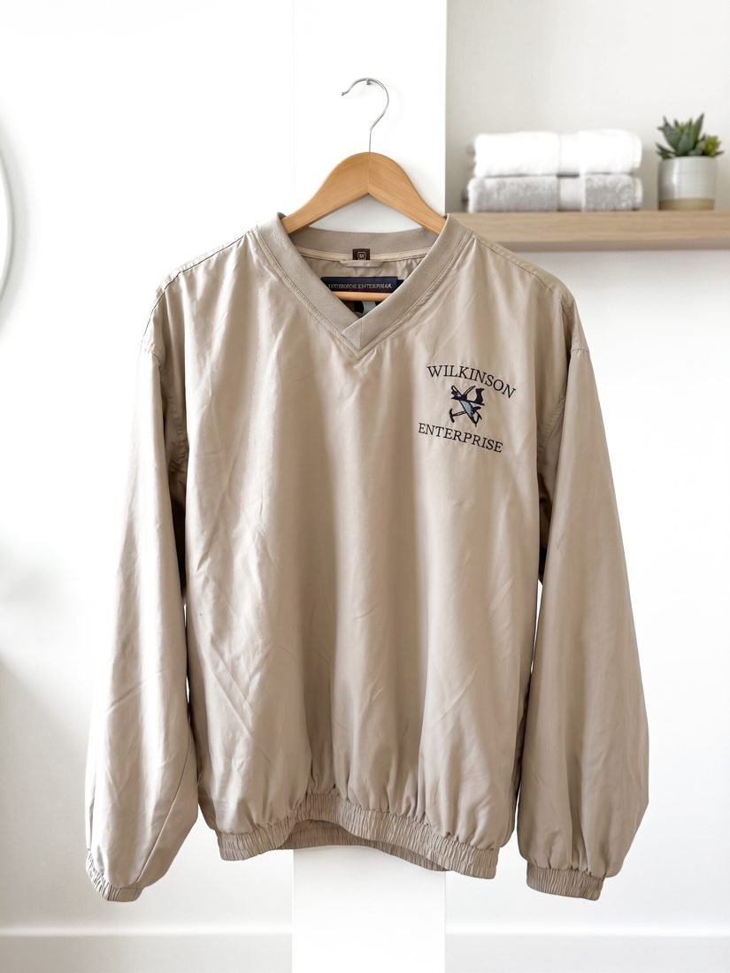 Embroidered pullover windshirt with a stitched chest mark